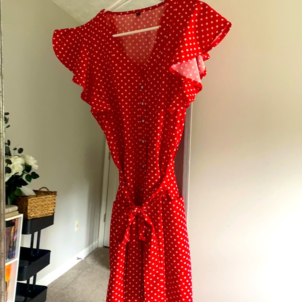 Red Polka Dot Dress Large midi dress.  Never worn